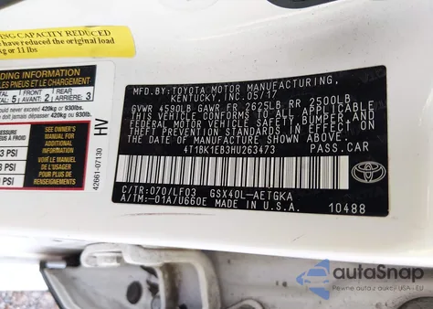 2017 Toyota Avalon Xle Premium z USA, uszkodzony, nr VIN 4T1BK1EB3HU263473